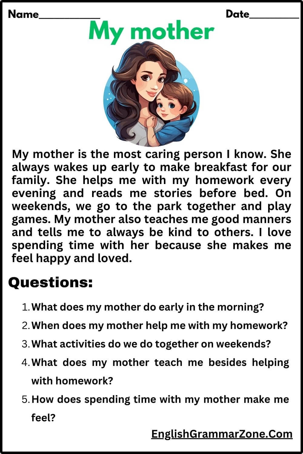 My Family Reading Comprehension Worksheets Pdf