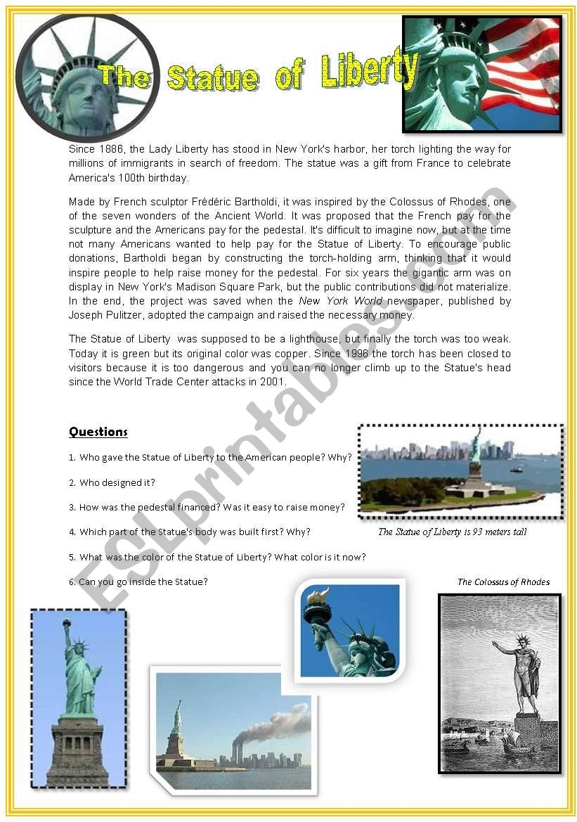 Reading Comprehension N 5 THE STATUE OF LIBERTY ESL Worksheet By Vero39