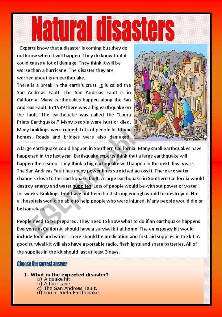 Reading Comprehension Natural Disasters ESL Worksheet By Aaisha86