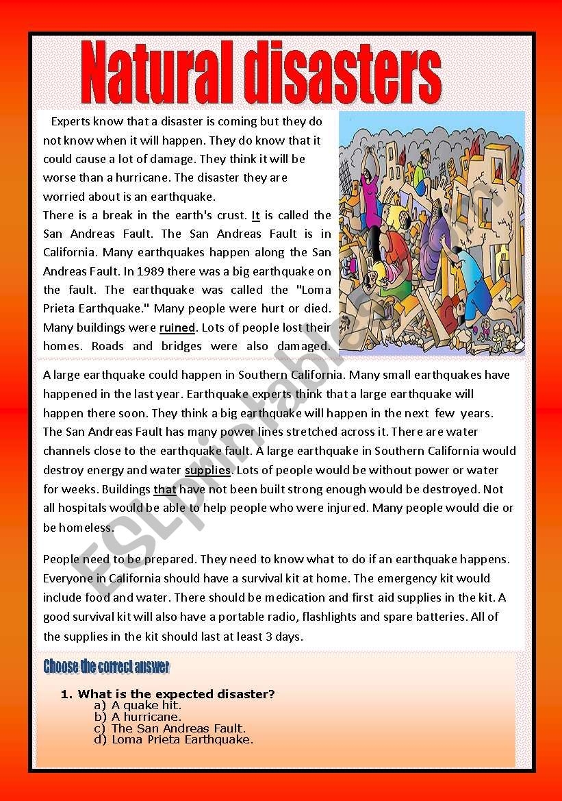 Reading Comprehension Natural Disasters ESL Worksheet By Aaisha86