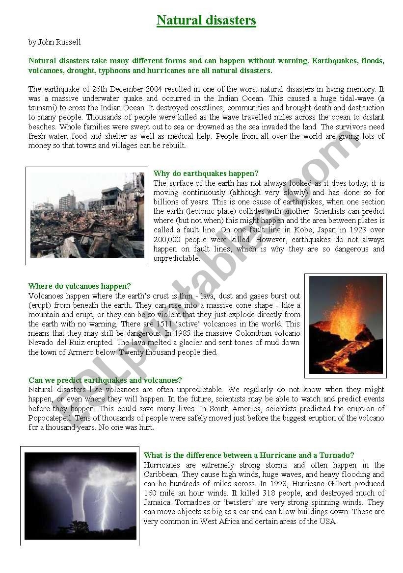Reading Comprehension Natural Disasters ESL Worksheet By Gise09