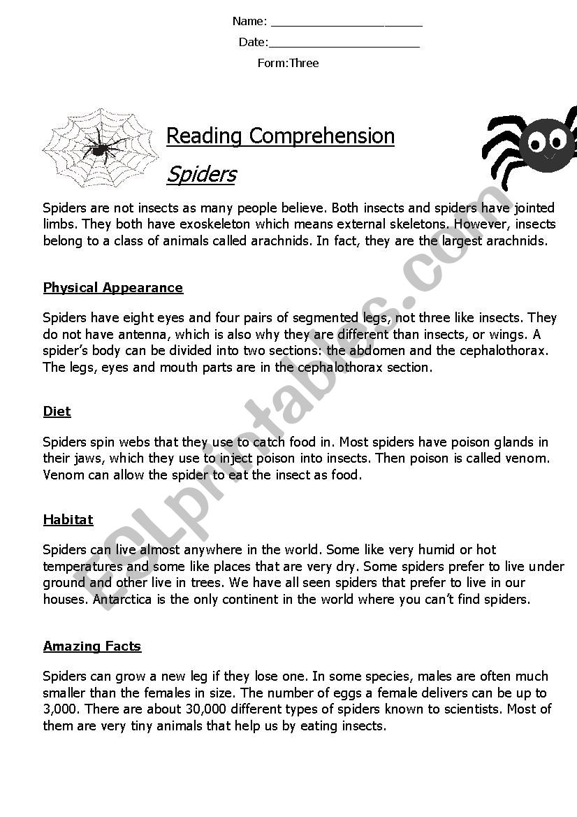 Reading Comprehension Non Chronological Report Spiders ESL Worksheet By Eldaowdy