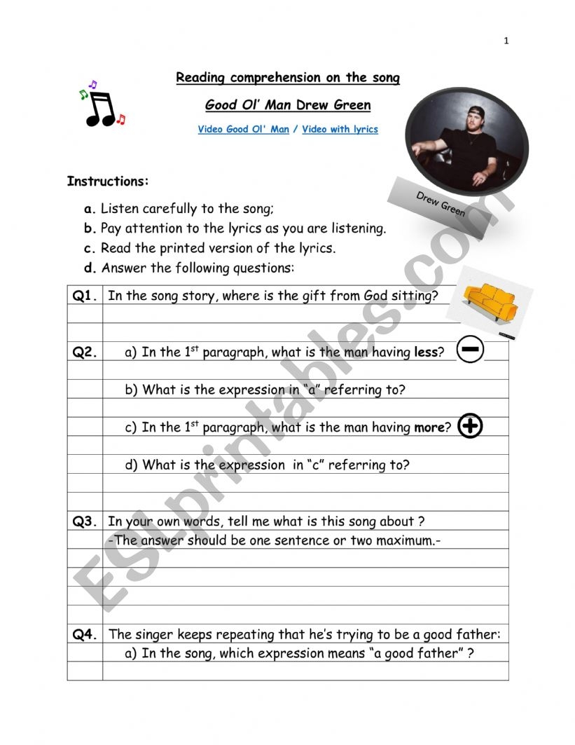 Reading Comprehension On The Song Good Ol Man By Drew Green ESL Worksheet By Racinej