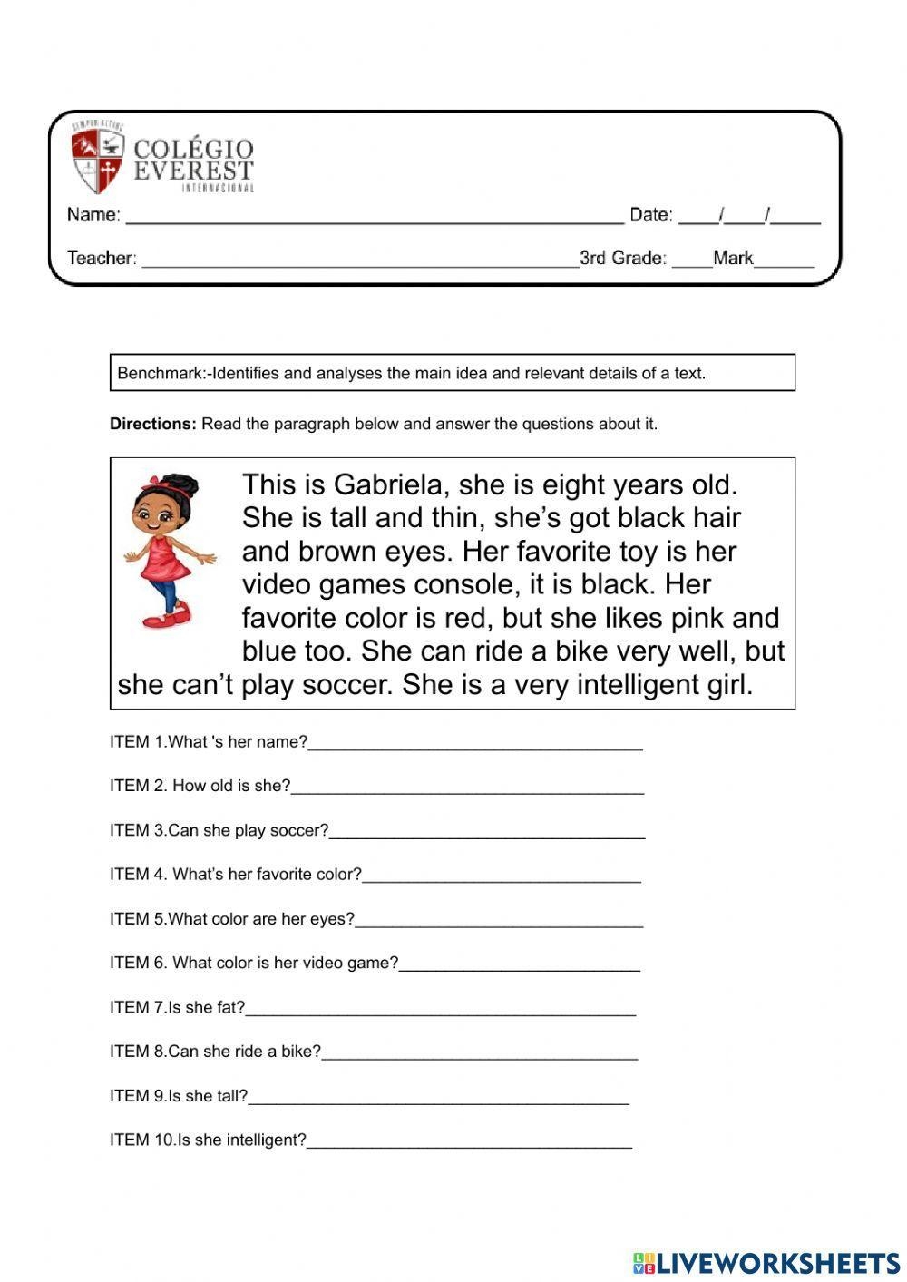 Reading Comprehension Online Exercise For Grade 3 Live 