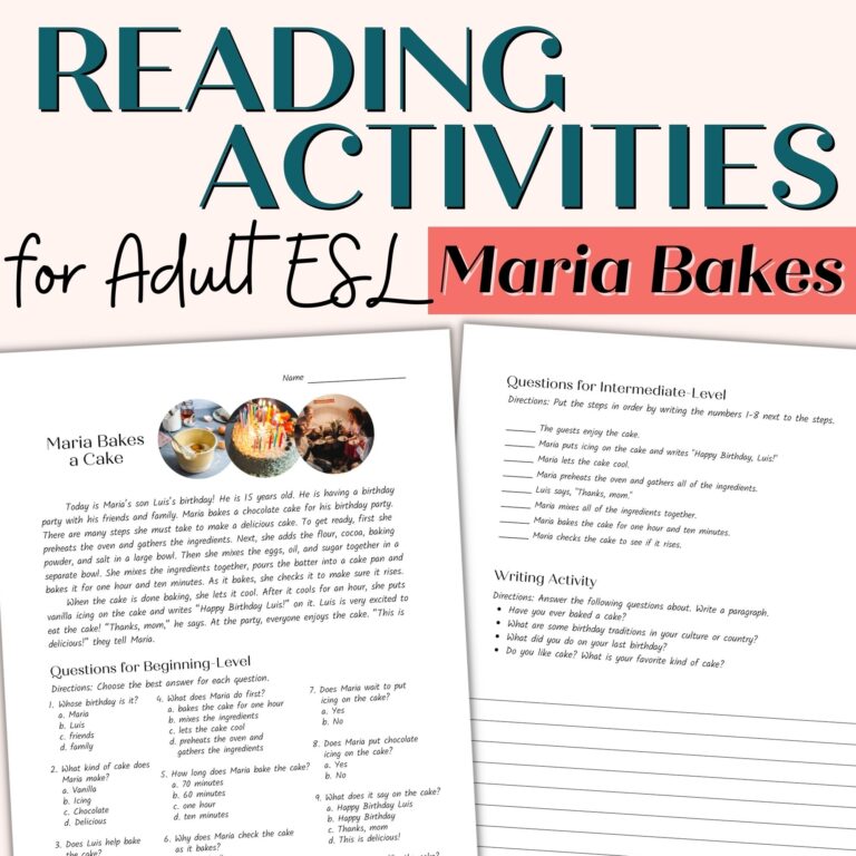 Reading Comprehension Passage For Beginner And Intermediate Adult ESL Maria Likes To Cook Classful