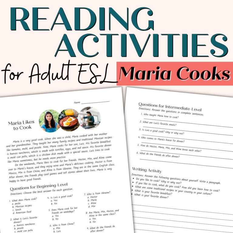 Reading Comprehension Passage For Beginner And Intermediate Adult ESL Maria Likes To Cook Classful