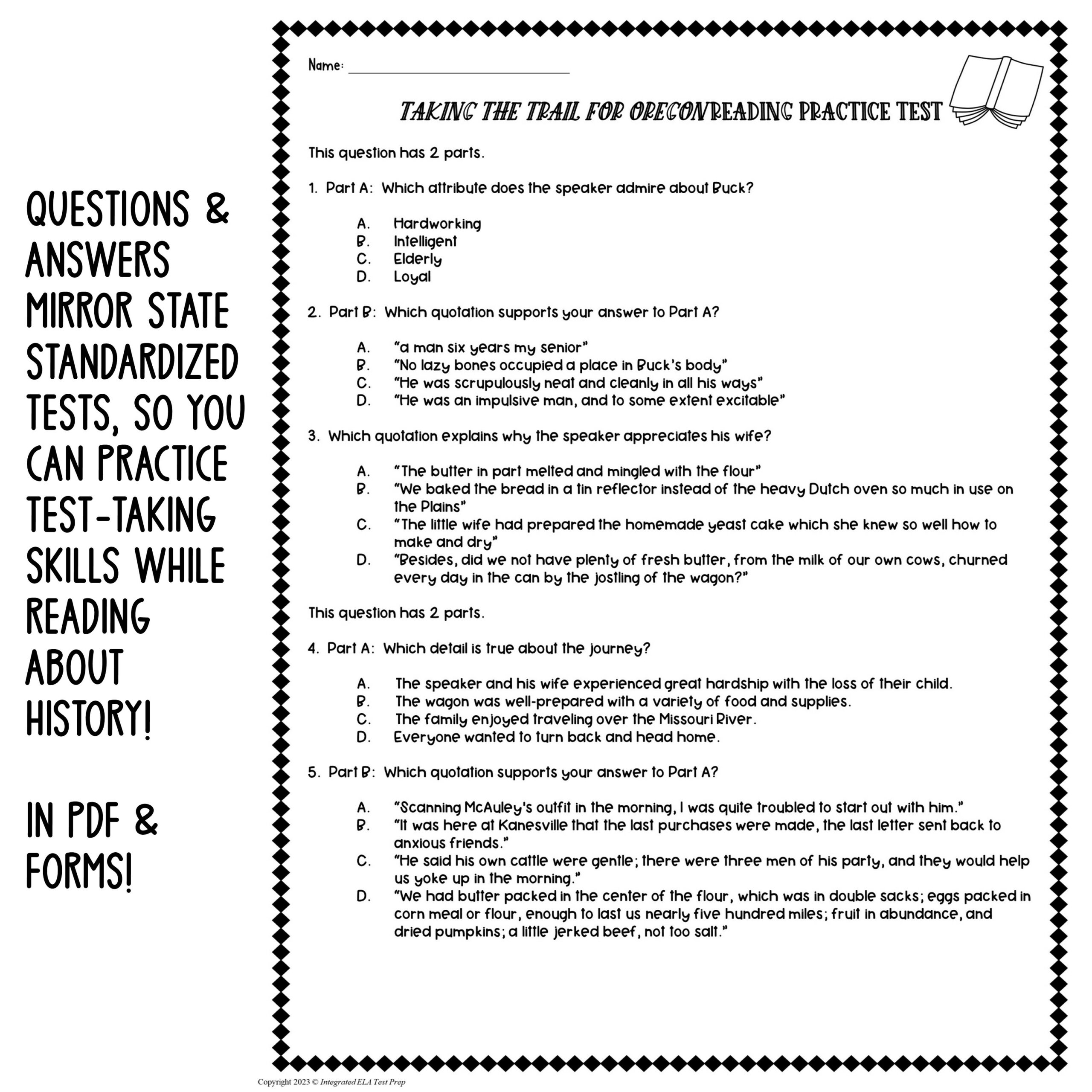 Reading Comprehension Passage Practice Test Oregon Trail Informational Text Made By Teachers