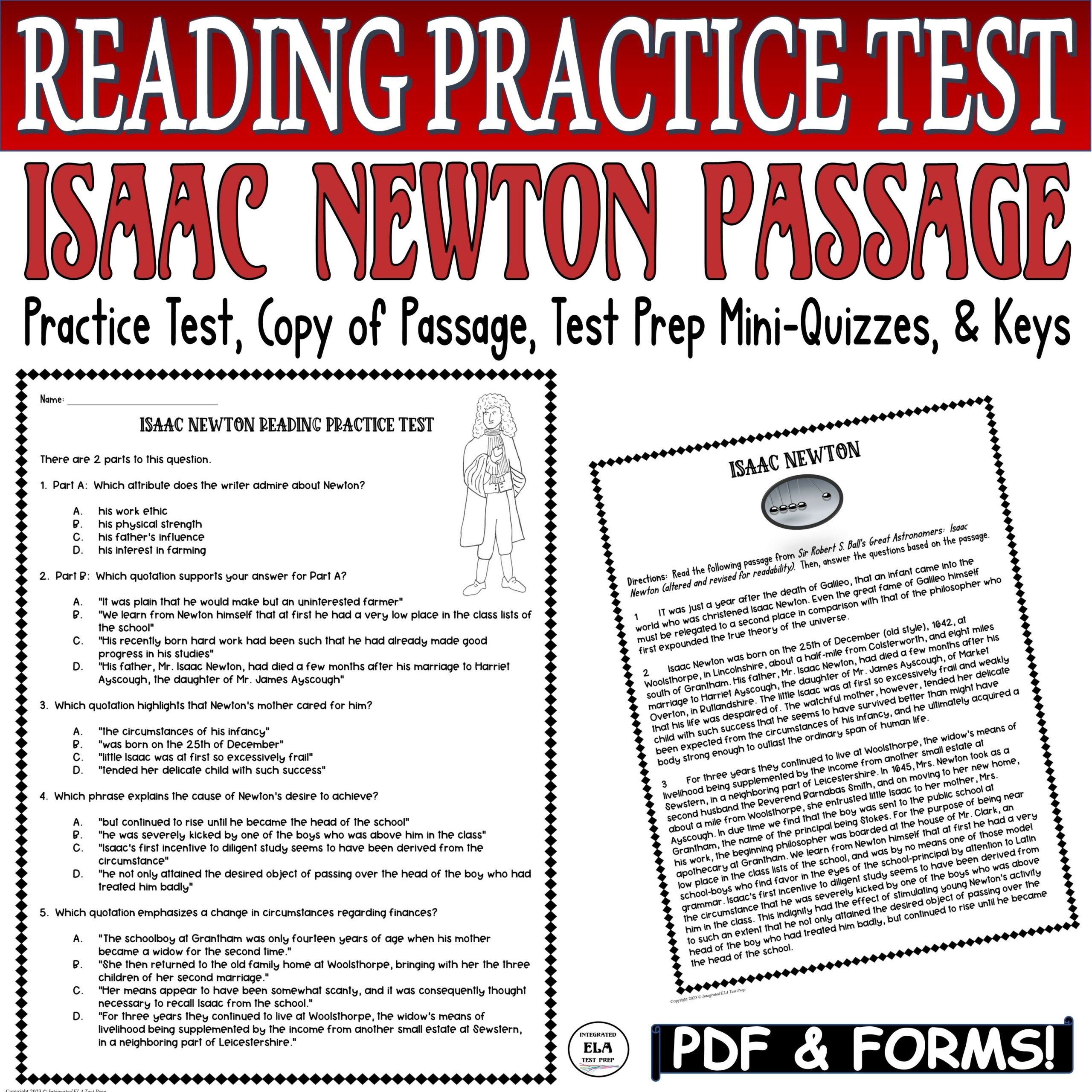 Isaac Newton Reading Comprehension Worksheets