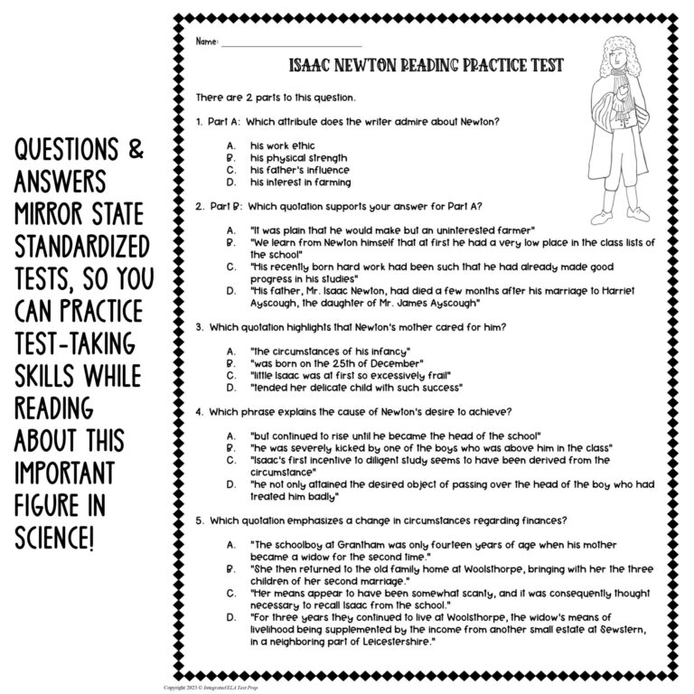 Reading Comprehension Passage Questions Test Isaac Newton Informational Text Made By Teachers