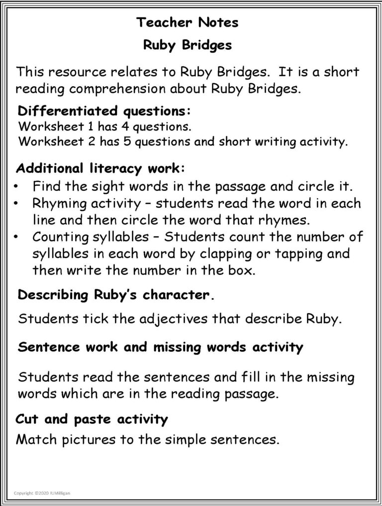 Reading Comprehension Passage Questions Worksheets Ruby Bridges Black History Month Teaching Resources