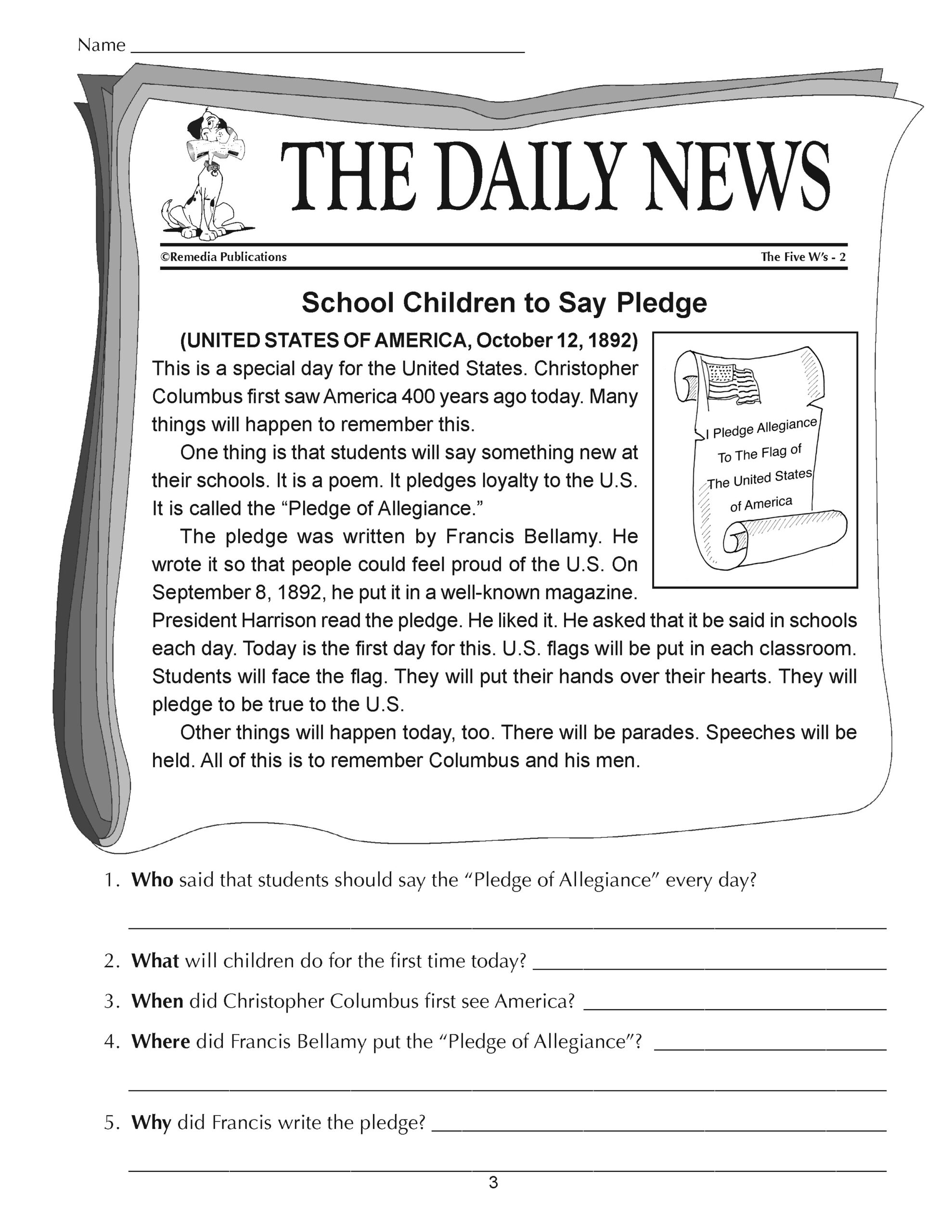 Reading Comprehension Passages 5W s Short Stories