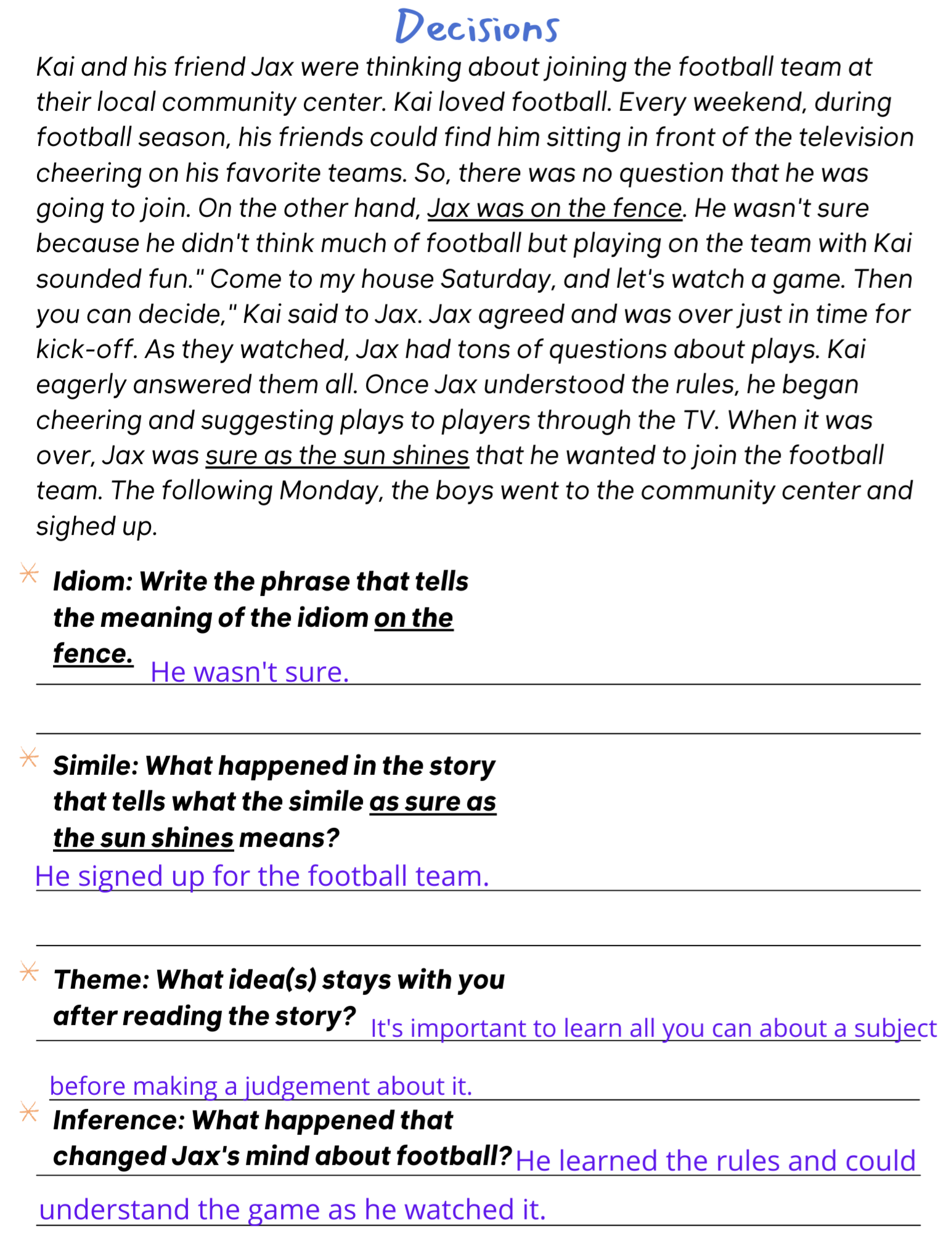 Reading Comprehension Passages Idioms Similes Theme Inference Questions Made By Teachers