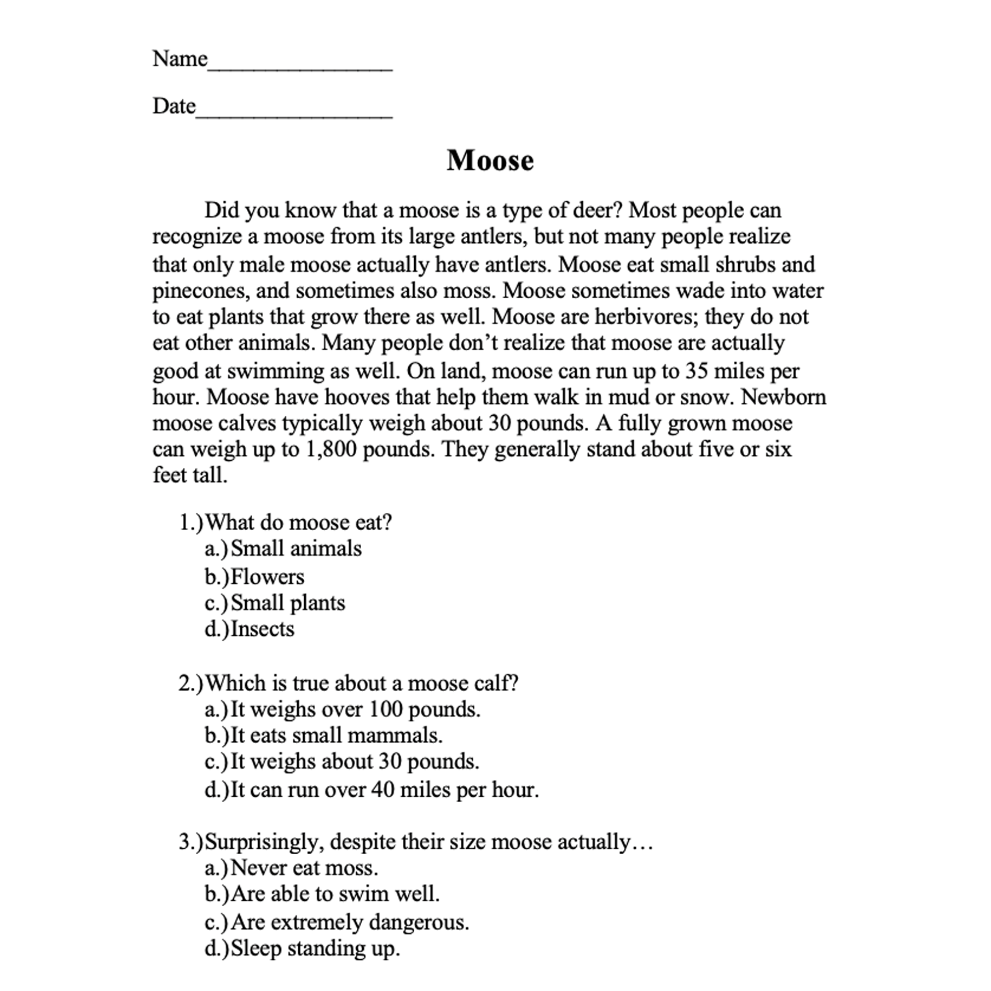 Multiple Choice Reading Comprehension Worksheets