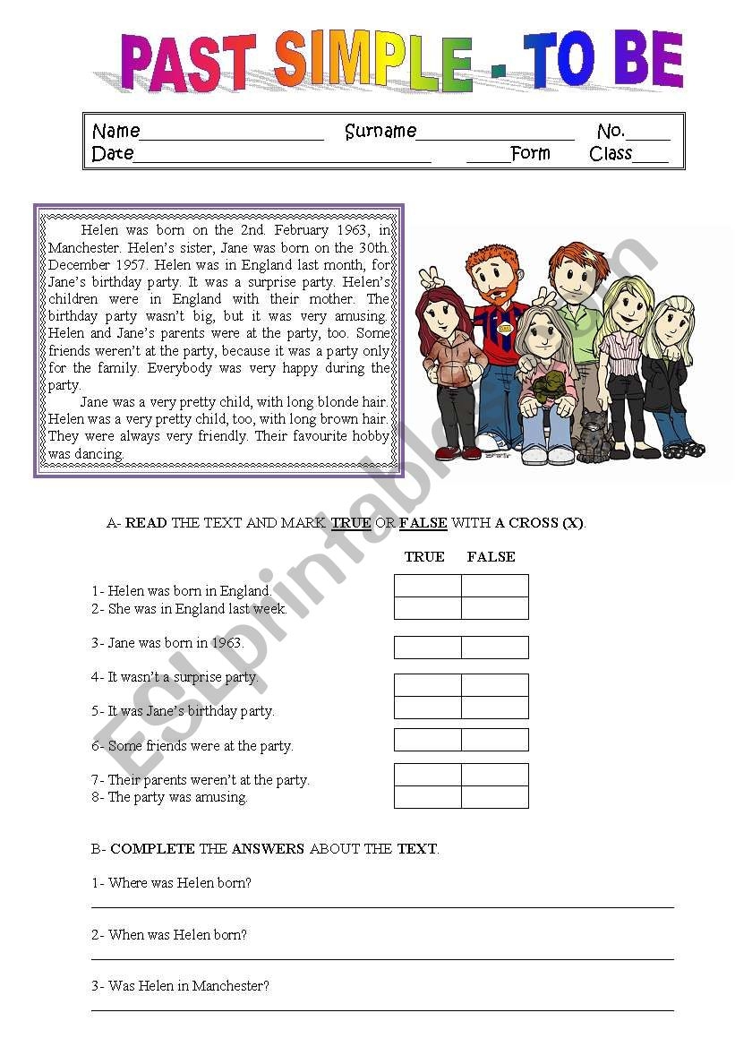 READING COMPREHENSION PAST SIMPLE TO BE ESL Worksheet By Sandytita