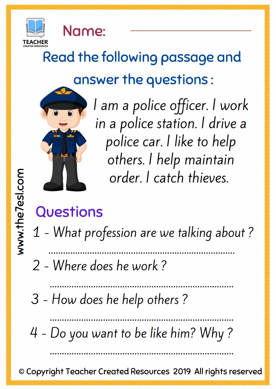 Reading Comprehension Professions English Created Resources