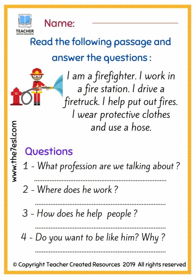Reading Comprehension Professions English Created Resources