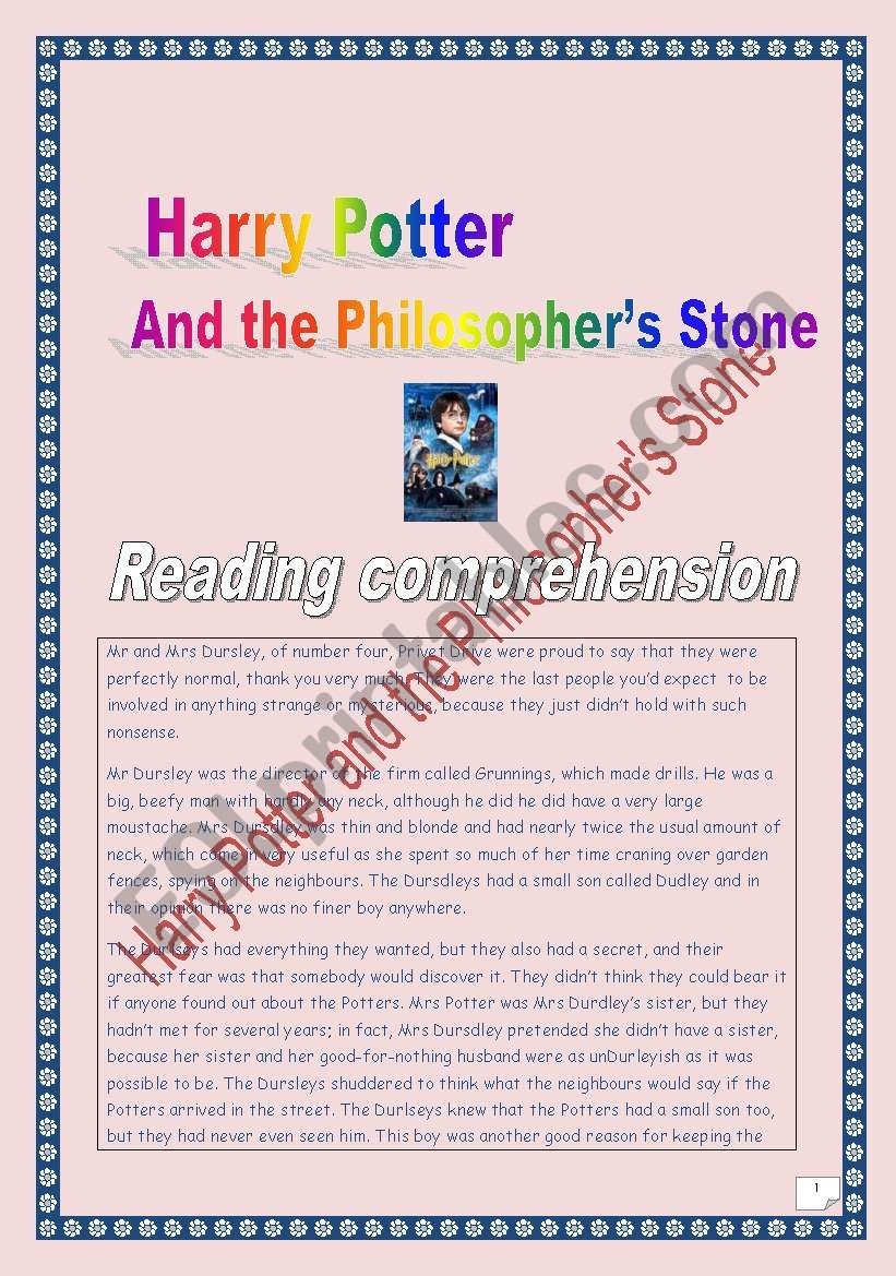 Reading Comprehension Project Harry Potter And The Philosopher s Stone 4 Pages Colourful Version ESL Worksheet By Montypython
