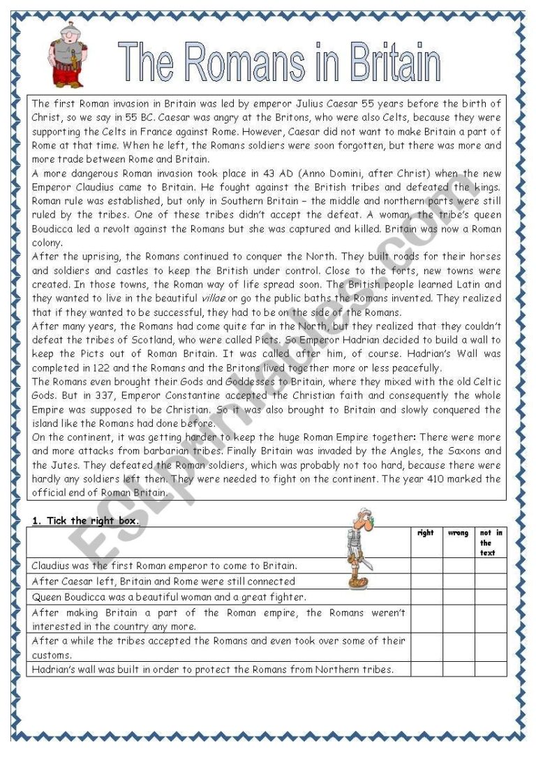 Reading Comprehension Romans In Britain ESL Worksheet By Janeausten8