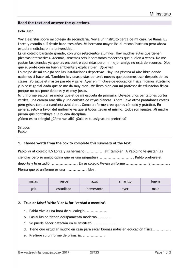 Reading Comprehension School KS4 Spanish Teaching Resource Teachit
