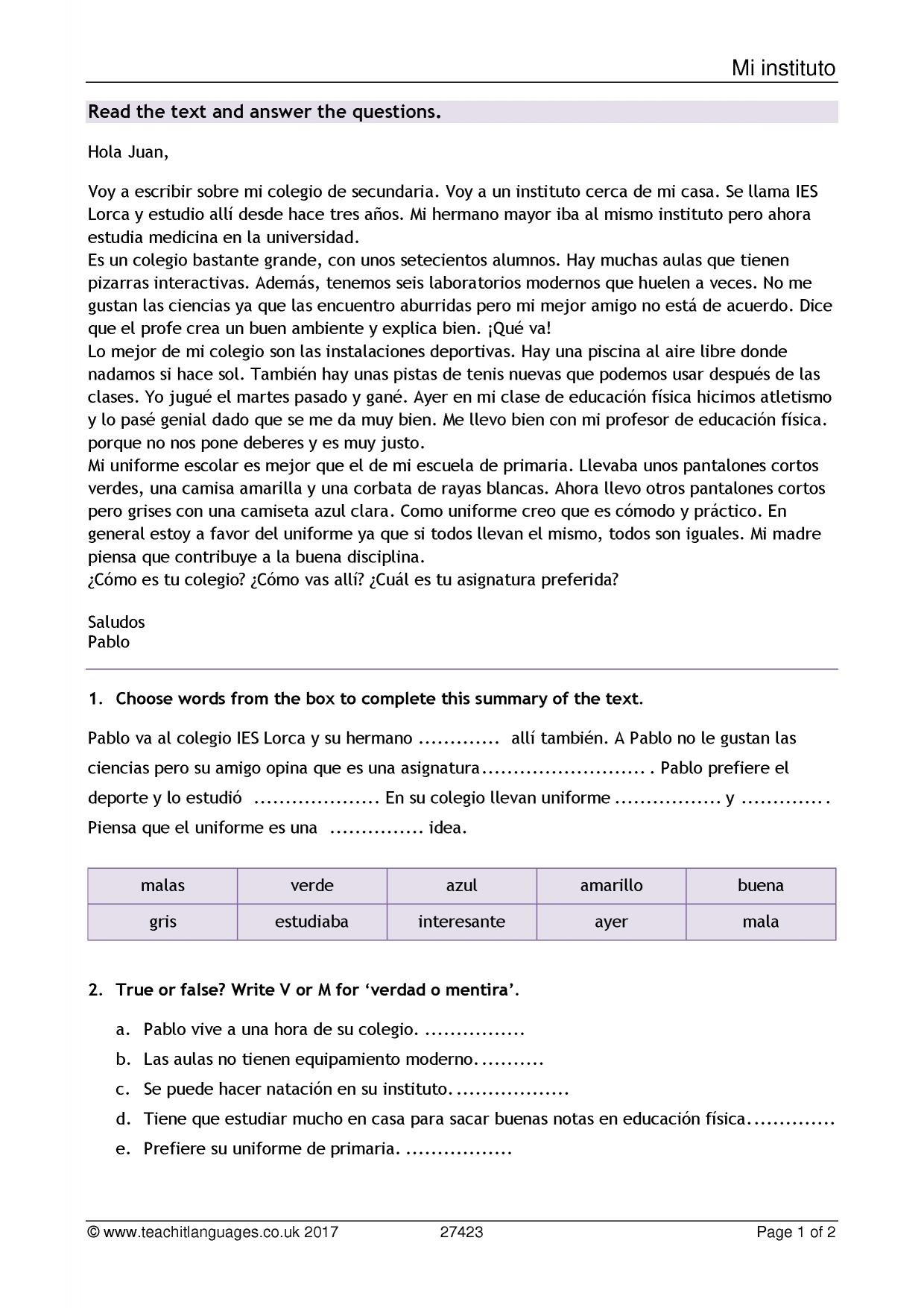 Reading Comprehension School KS4 Spanish Teaching Resource Teachit