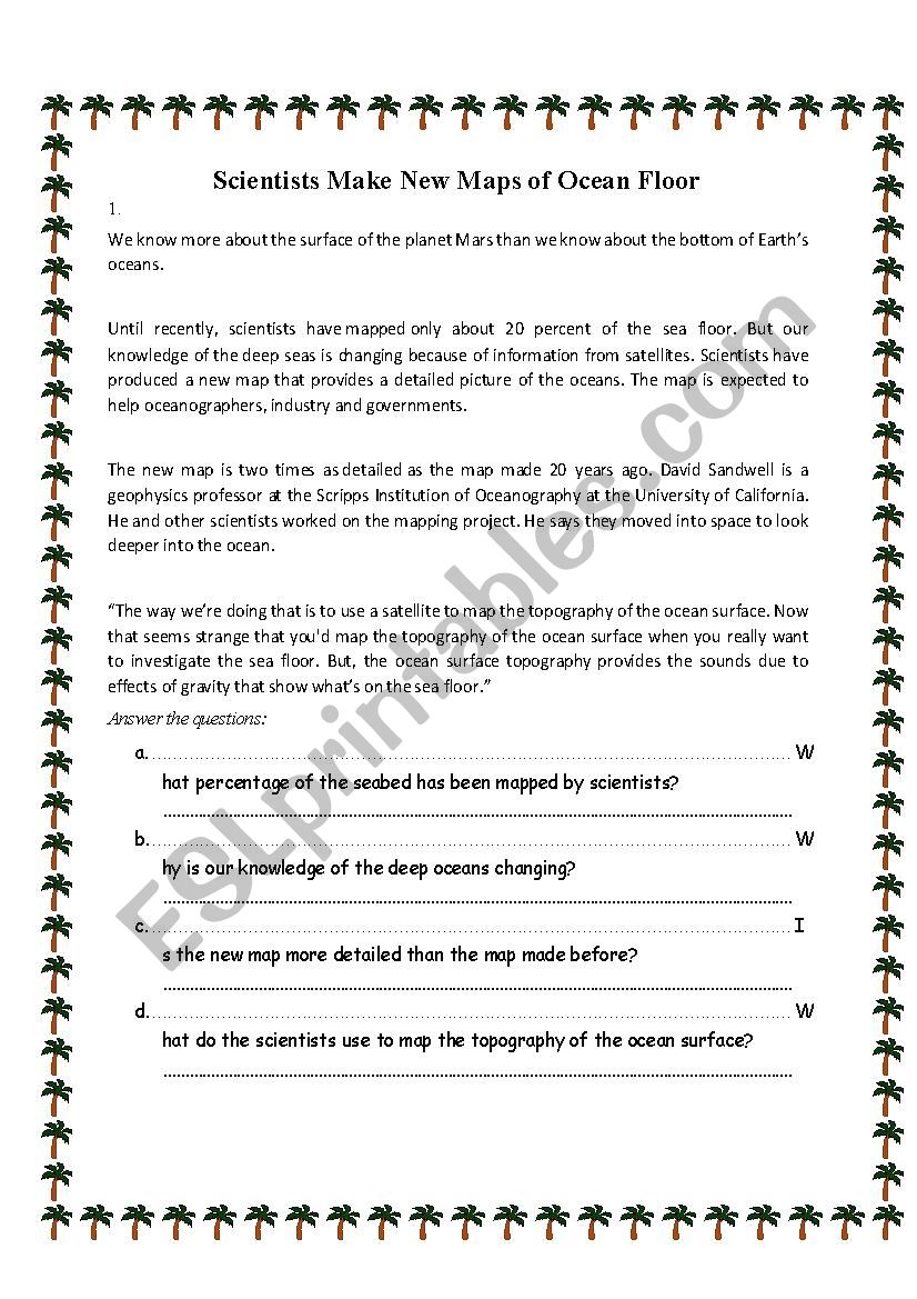 Reading Comprehension Scientists Make New Maps Of Ocean Floor ESL Worksheet By Aliceeslprintables