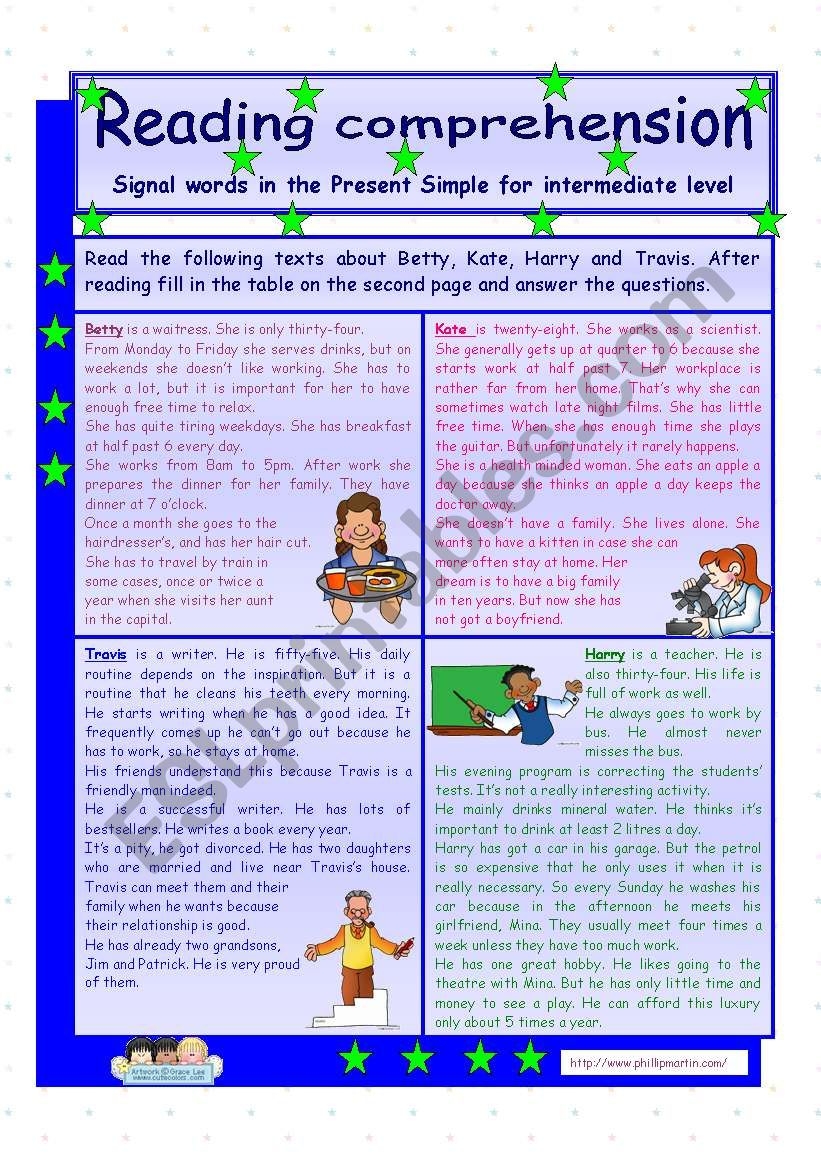 Reading Comprehension Signal Words In The Present Simple Tense For Intermediate Level 2 Pages 3 Tasks Key Is Included Fully Editable ESL Worksheet By Zsuzsapszi