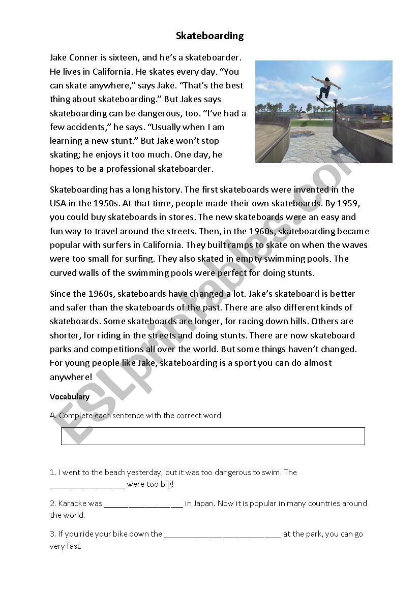 Reading Comprehension Skateboarding ESL Worksheet By Zohreen