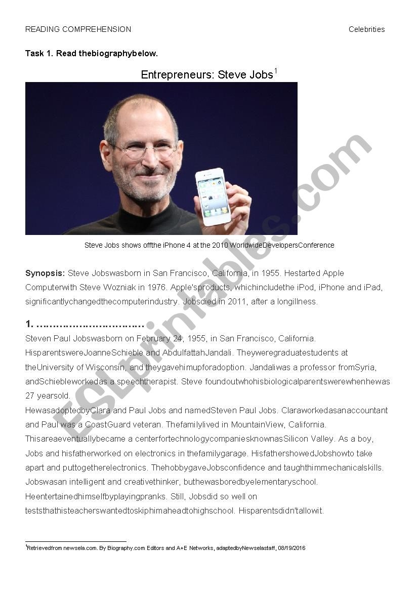 Celebrity Reading Comprehension Worksheets