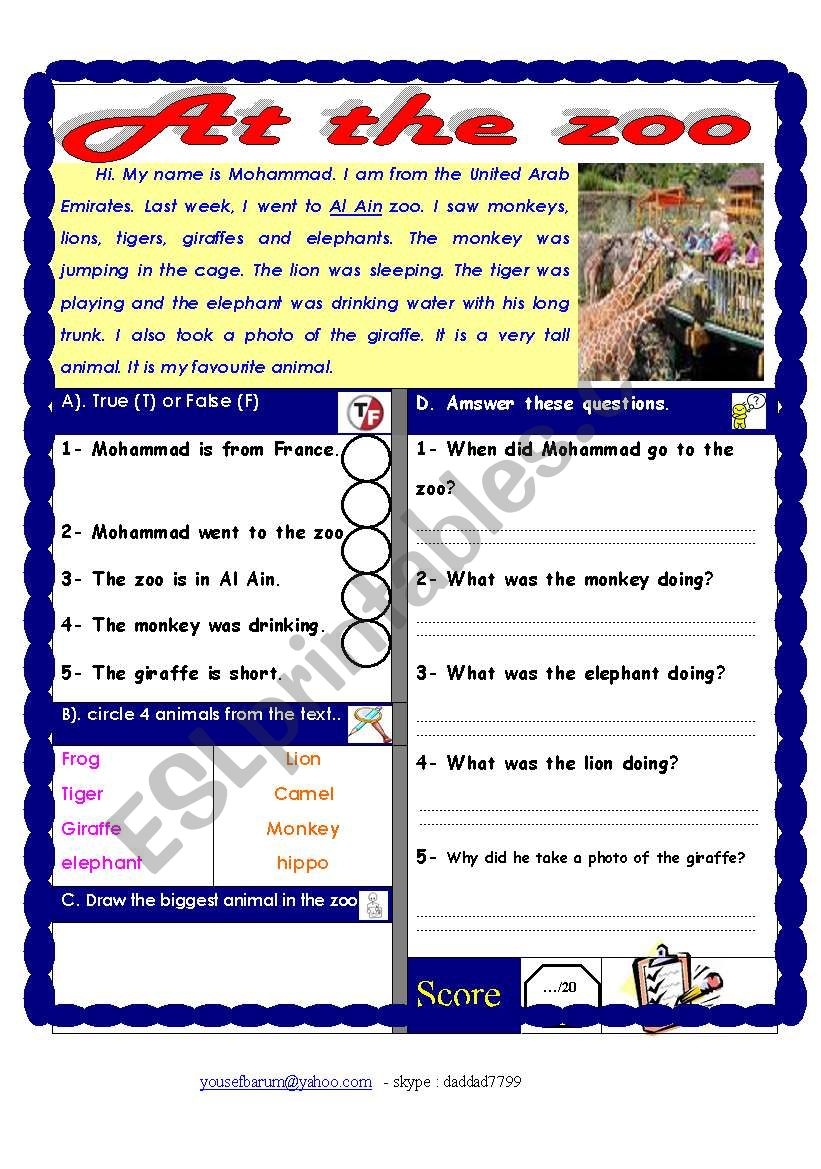 Reading Comprehension Theme At The Zoo ESL Worksheet By Shmiskeen