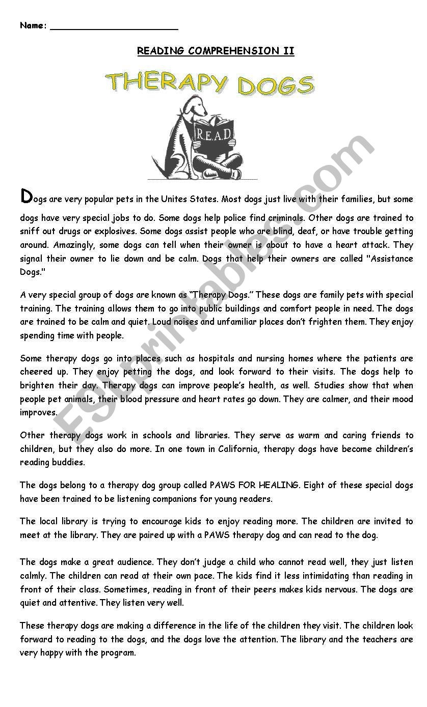 Reading Comprehension Worksheets About Dogs
