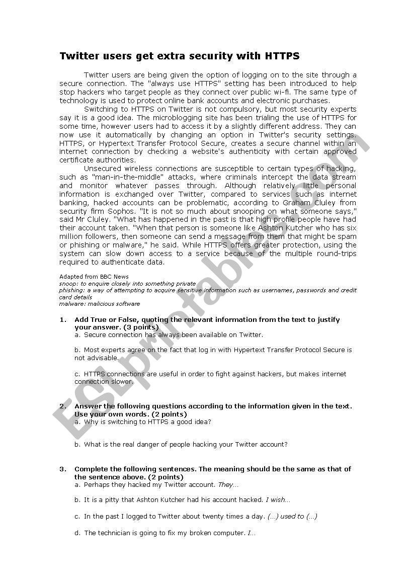 Reading Comprehension Twitter Users Get Extra Security With HTTPS ESL Worksheet By Ange410