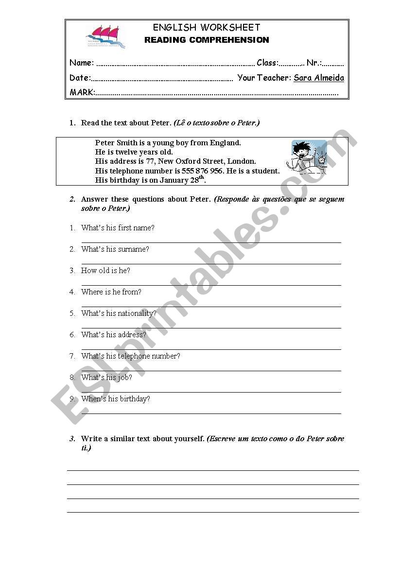 Reading Comprehension Worksheet 5th Grade ESL Worksheet By Sara Almeida