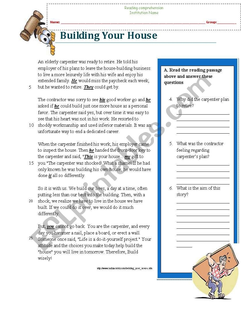 Reading Comprehension Worksheet Building A House Wise Story ESL Worksheet By Ibtisam1