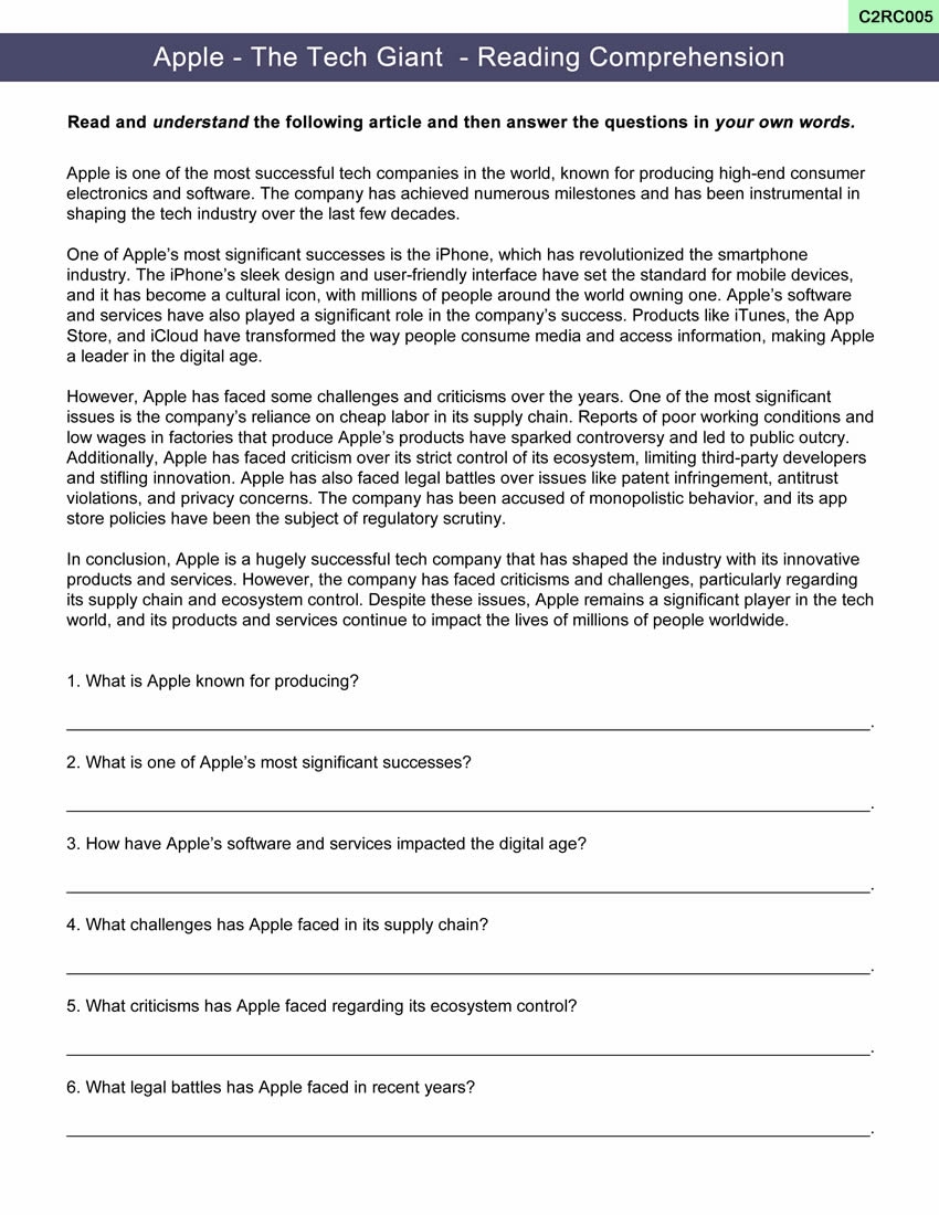 Reading Comprehension Worksheet C2RC005 ESL EFL Classroom Material Toony Blunt