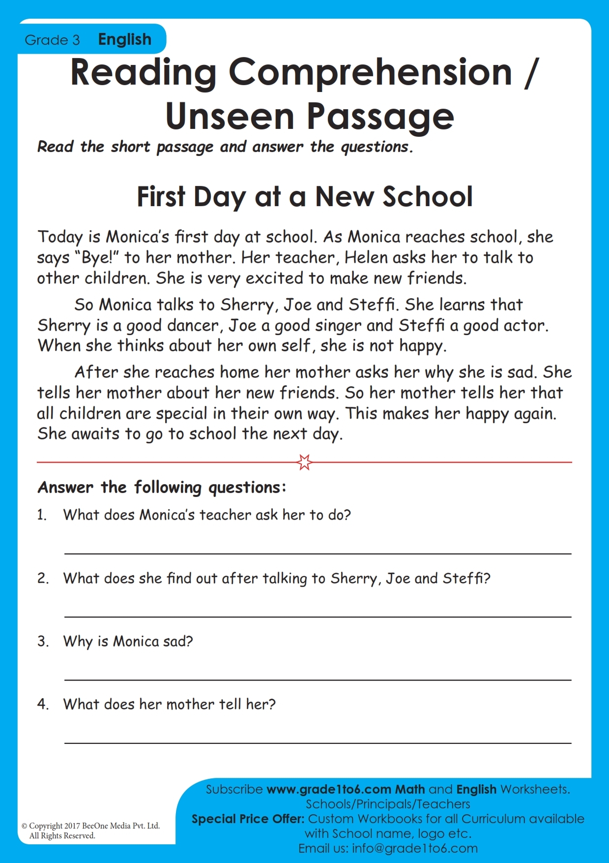 Reading Comprehension Worksheet Year 3