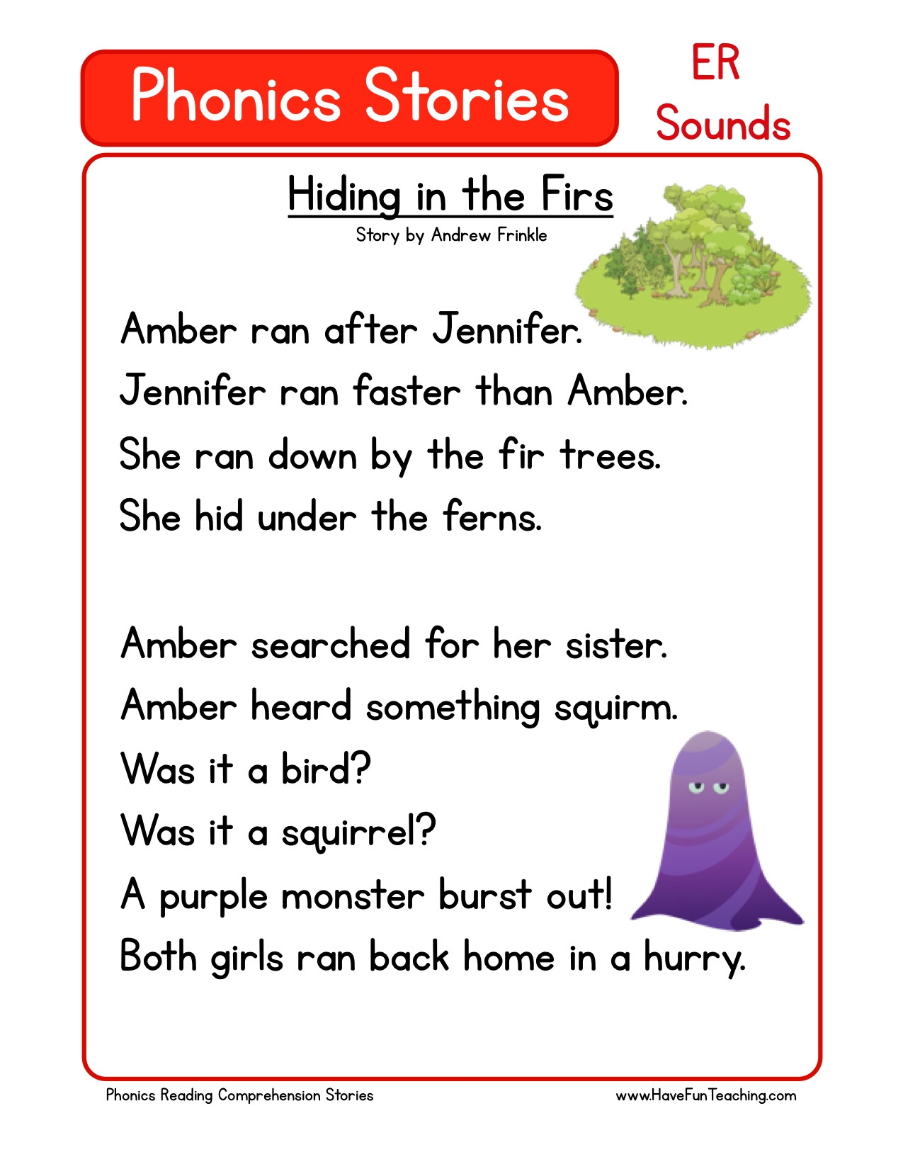 Reading Comprehension Worksheet Hiding In The Firs