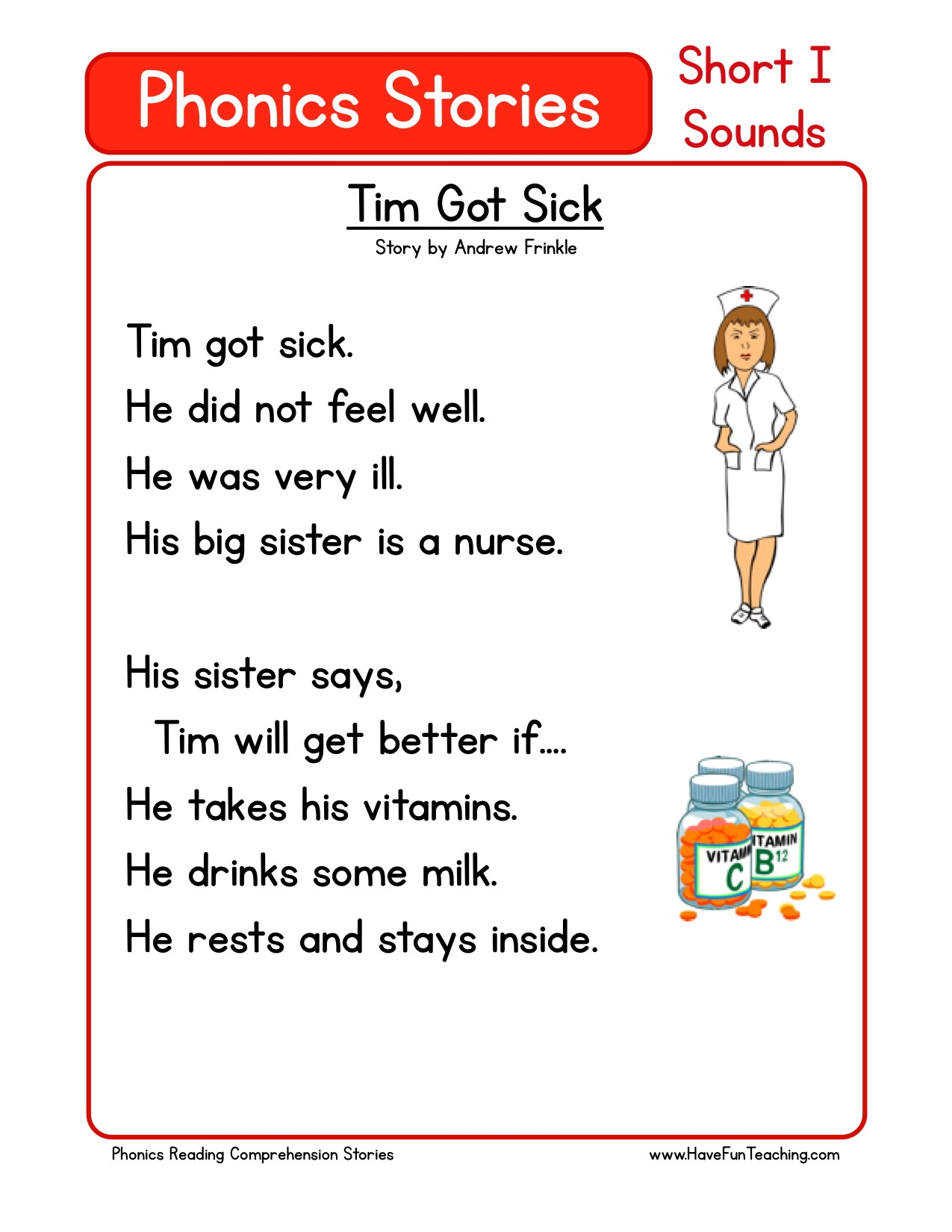 Reading Comprehension Worksheet Tim Got Sick