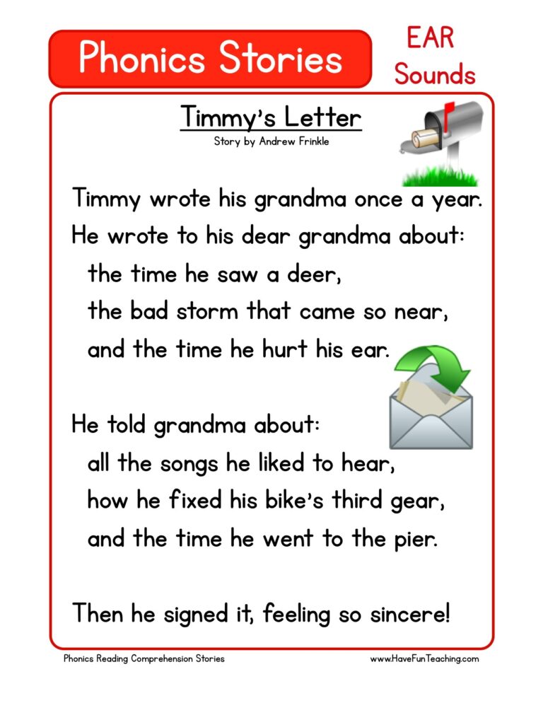 Reading Comprehension Worksheet Timmy s Letter