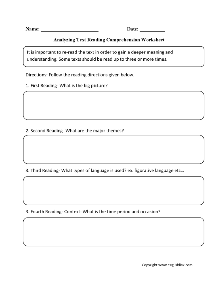 Reading Comprehension Worksheets Analyzing Text Reading Comprehension Worksheets