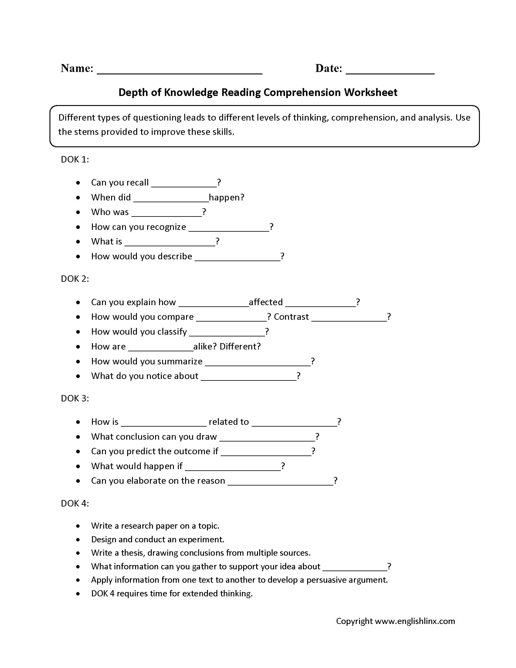 Reading Comprehension Worksheets Depth Of Knowledge Reading Comprehension Worksheets