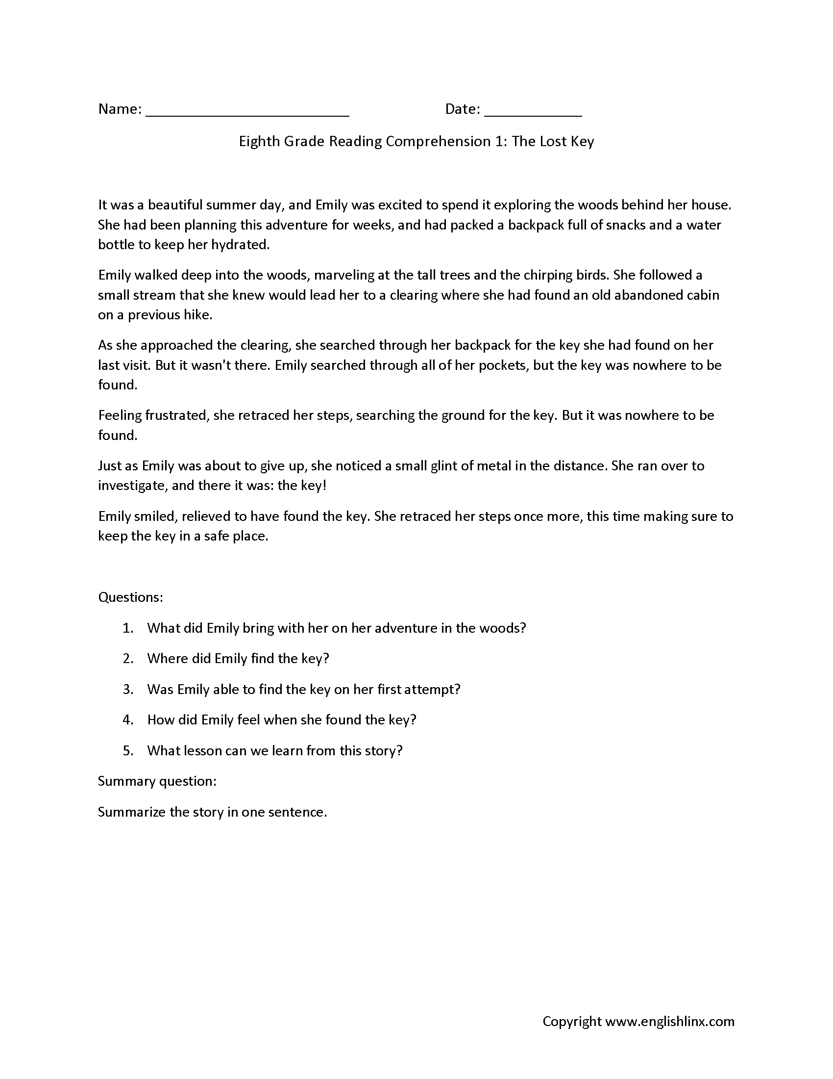 Reading Comprehension Worksheets Eighth Grade Reading 