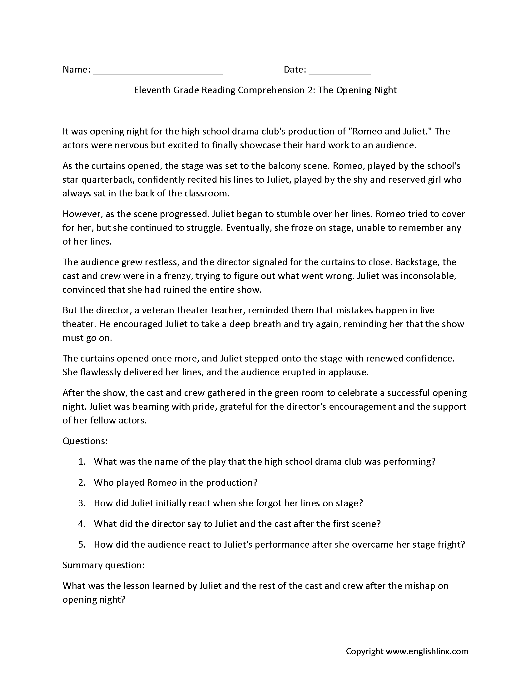 Reading Comprehension Worksheets Eleventh Grade Reading 