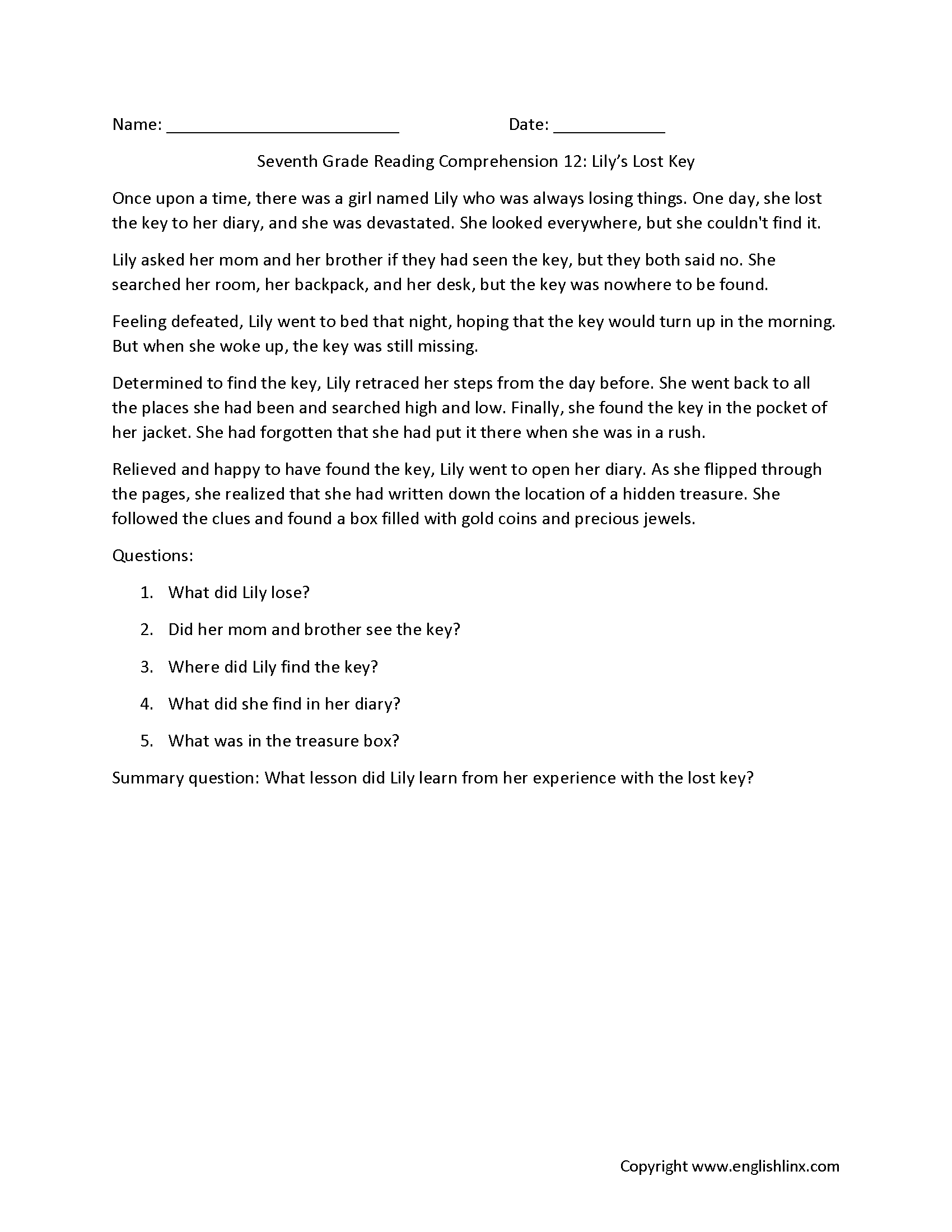 Reading Comprehension Worksheets Year 7