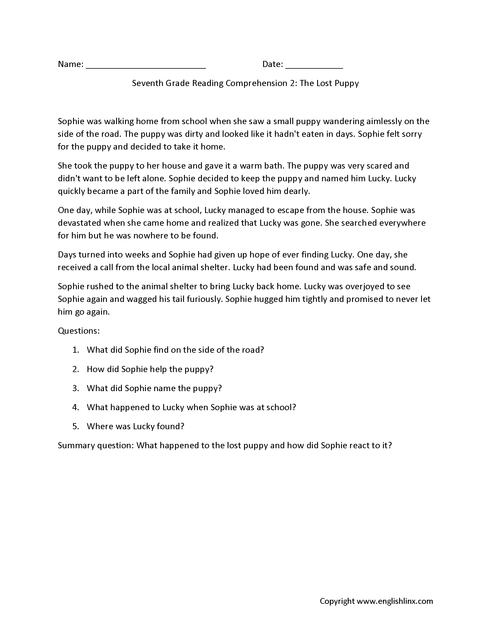 Reading Comprehension Worksheets Seventh Grade Reading Comprehension Worksheets