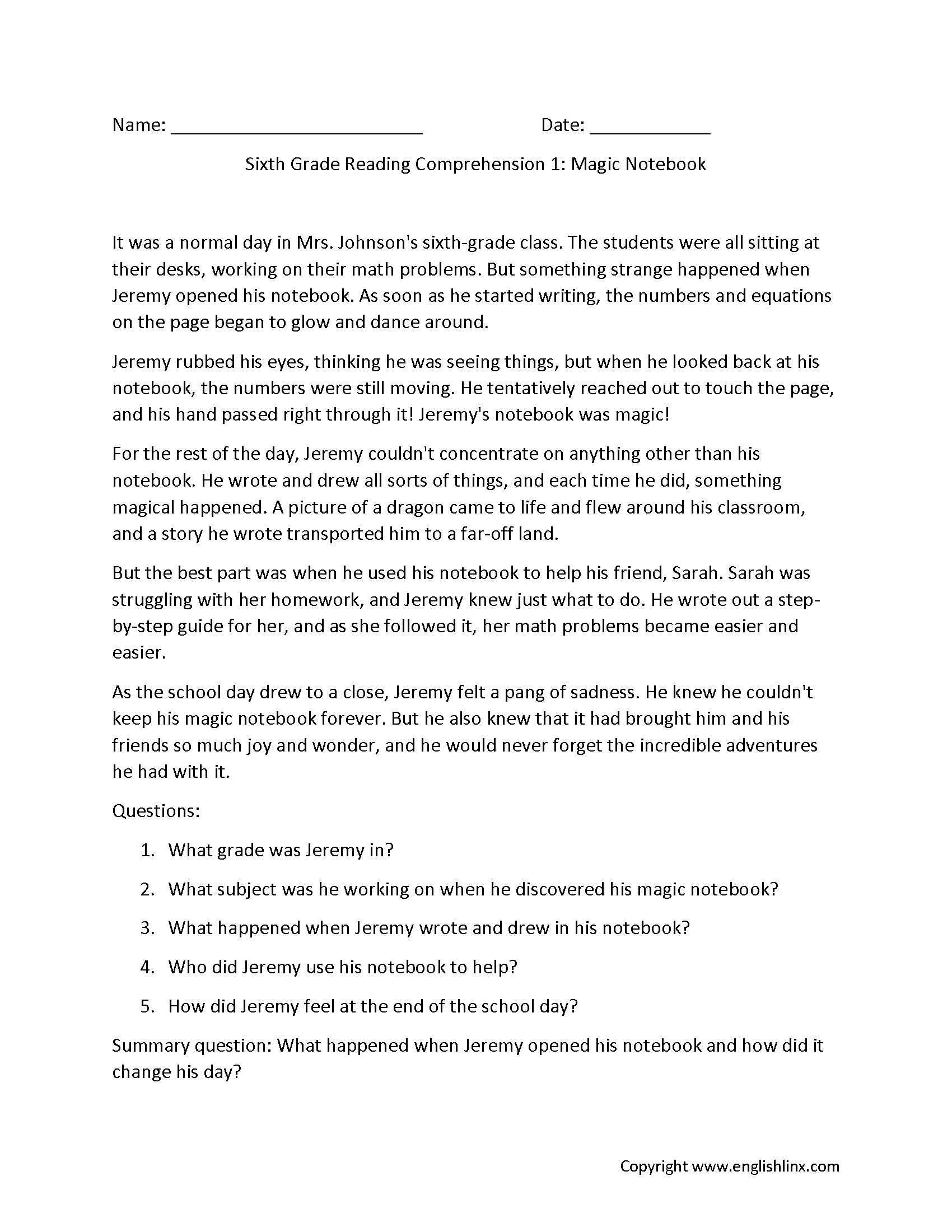 Reading Comprehension Worksheets For 6th Graders