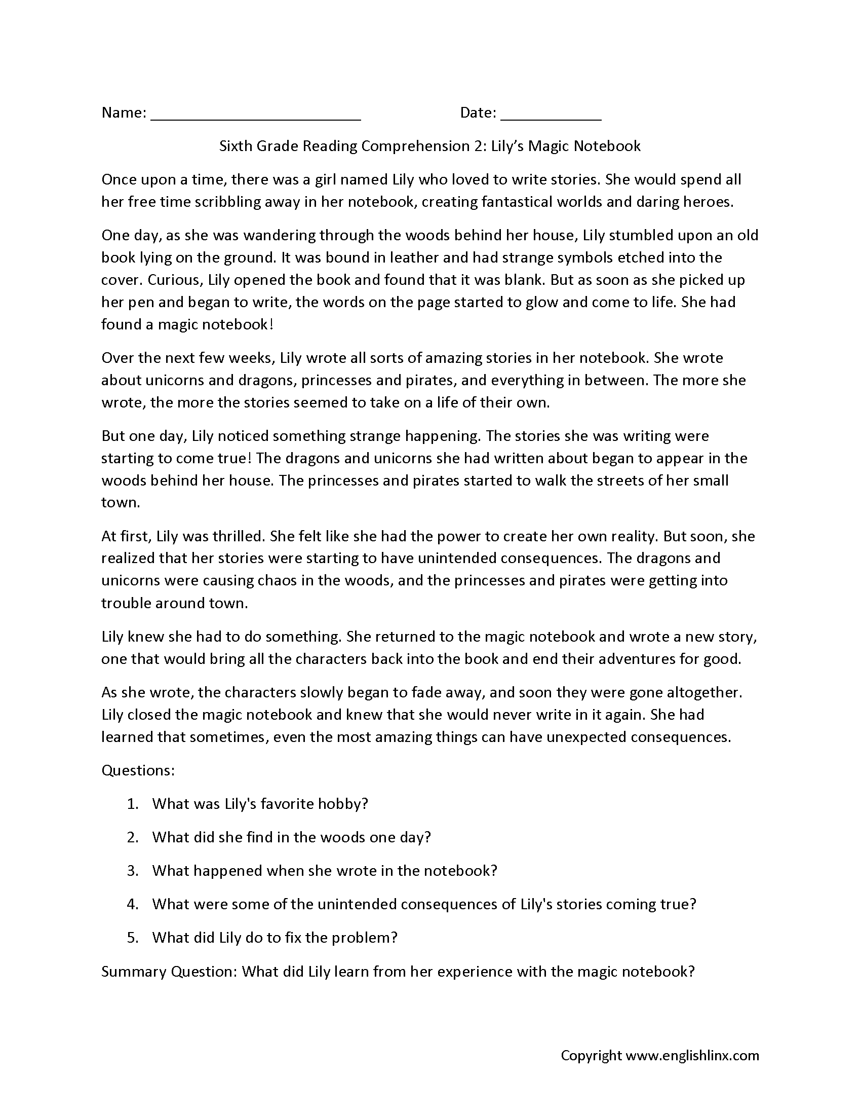 Reading Comprehension Worksheets Sixth Grade Reading Comprehension Worksheets