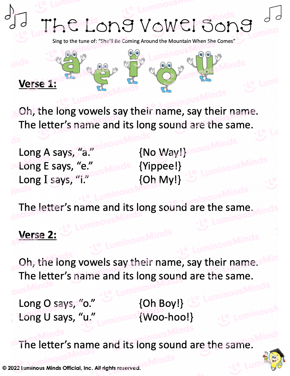 Reading Comprehension Worksheets The Long Vowel Song