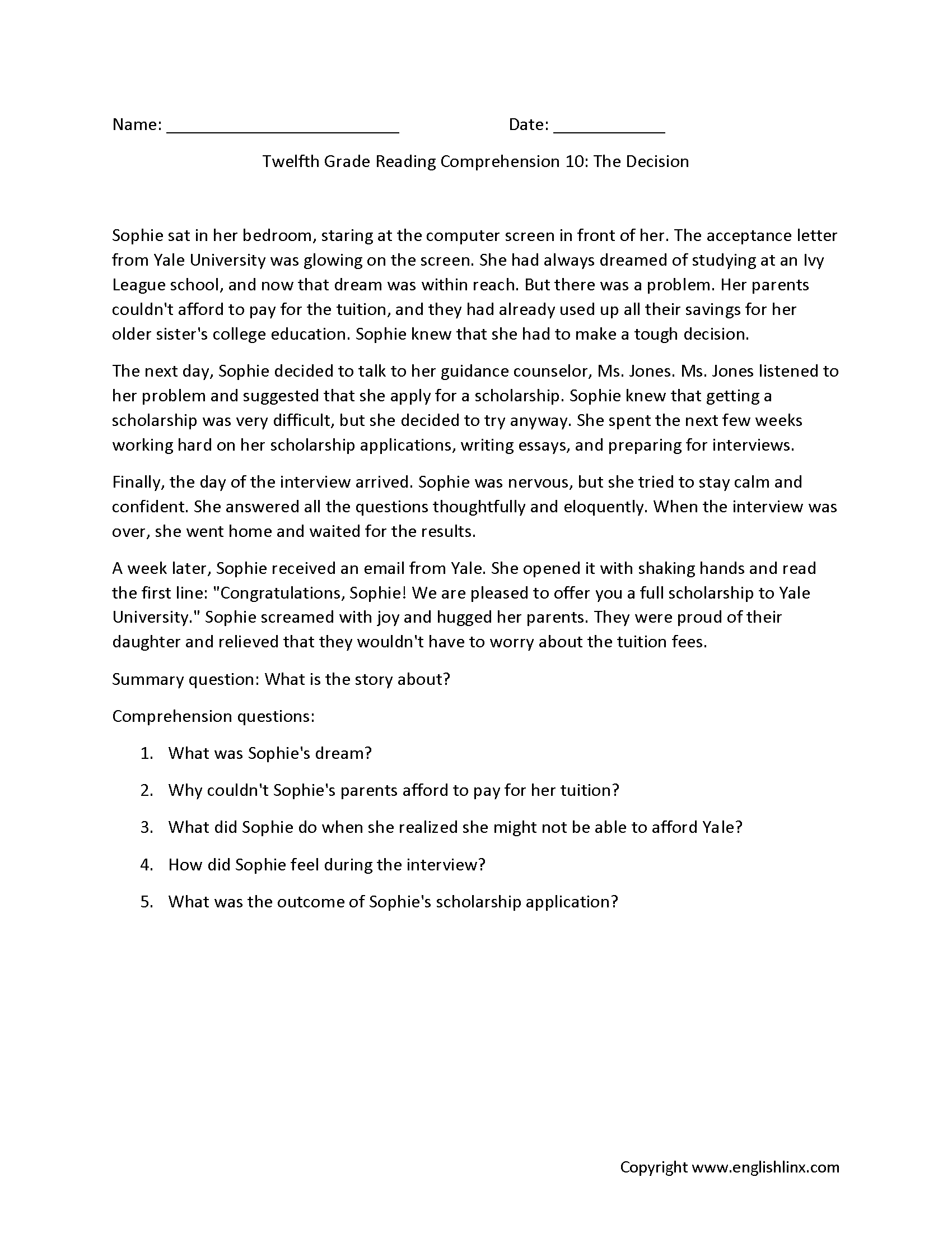 Reading Comprehension Worksheets Twelfth Grade Reading Comprehension Worksheets