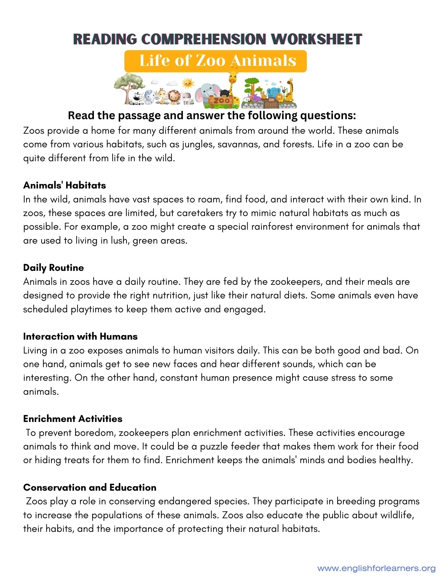 Reading Comprehension Zoo Animals 