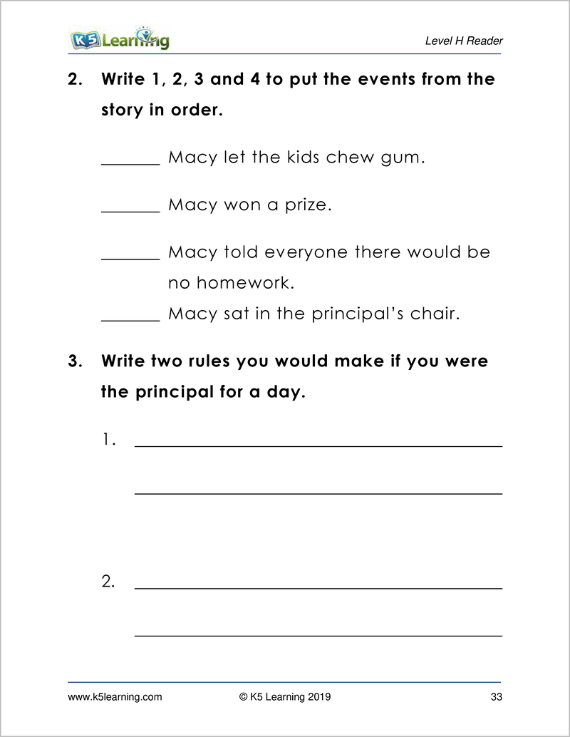 Reading Levels H Comprehension Worksheets